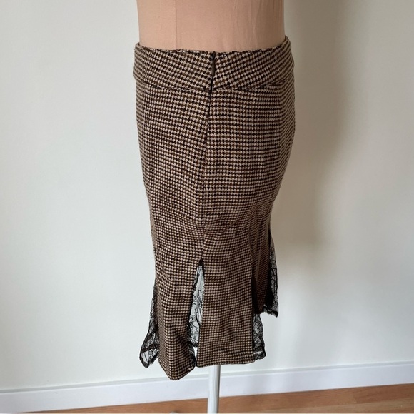 VALENTINO R.E.D Houndstooth Print Brown Wool Lace Inset Pleated Skirt IT 38 US 2 - Picture 3 of 10